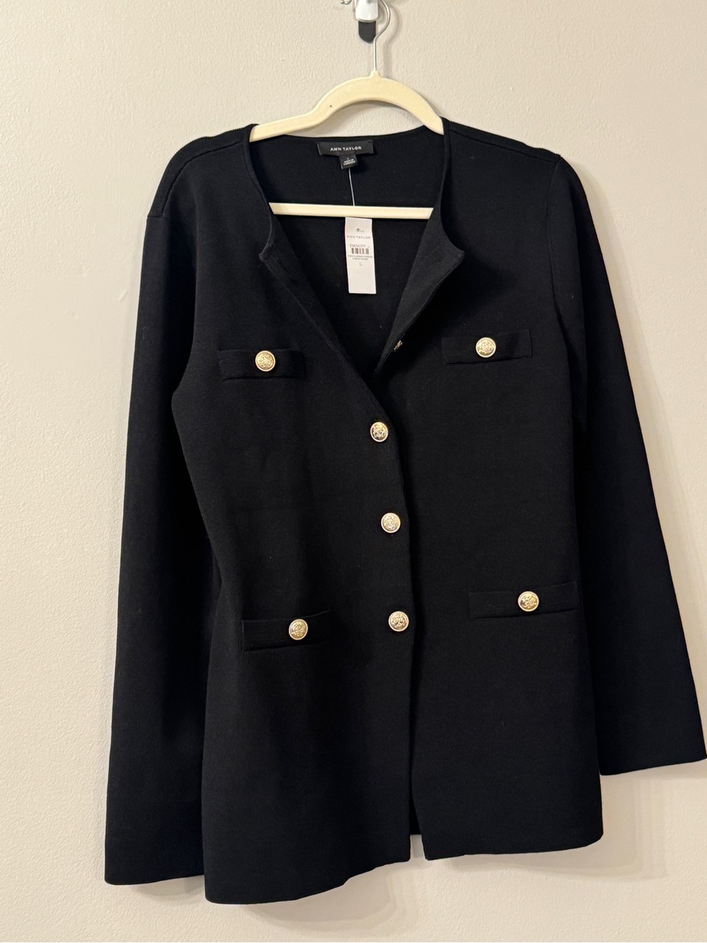 Ann Taylor Black Collarless Cardigan with Gold-Tone Buttons